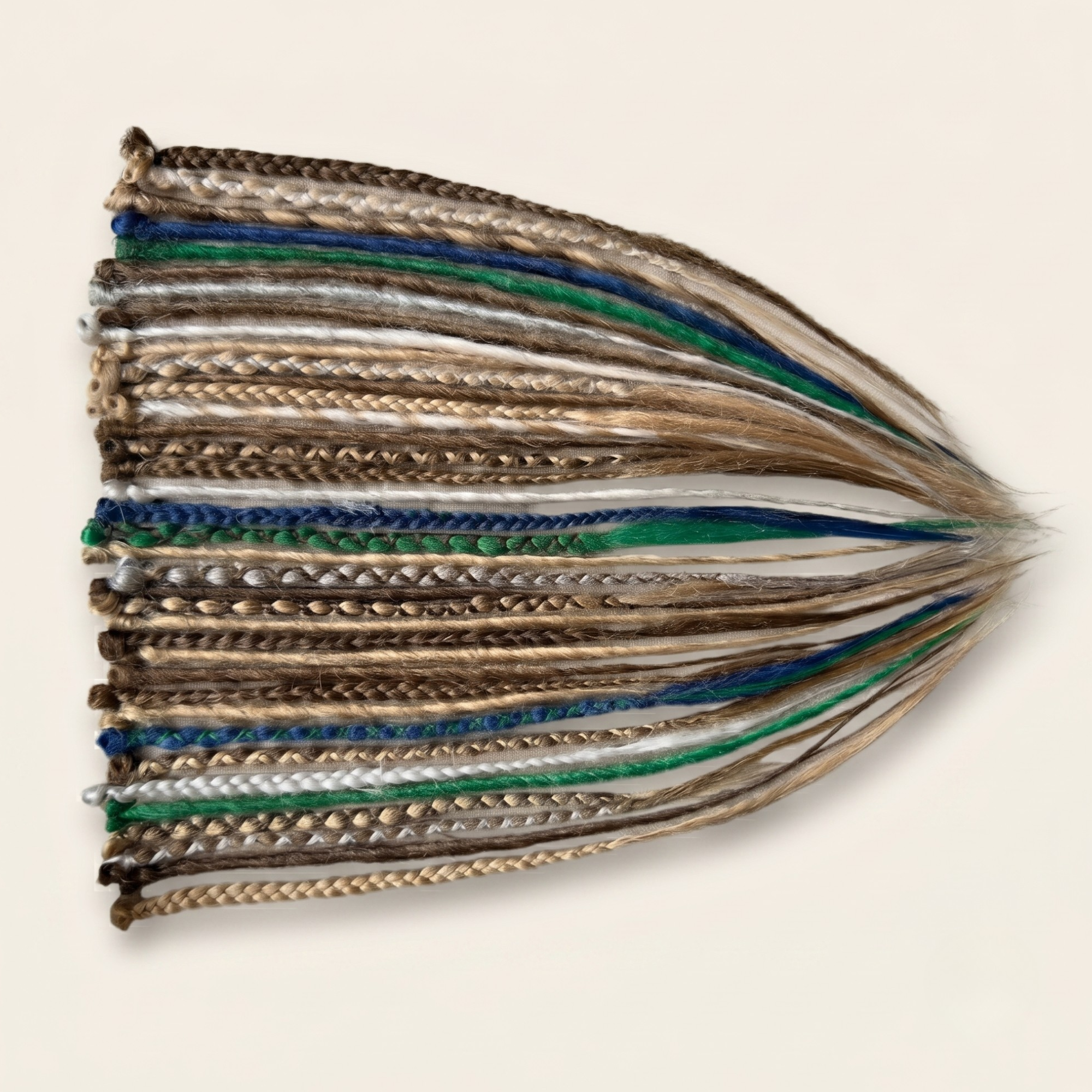 Blonde, brown, blue and green synthetic dreadlock extensions with loose ends on a plain background, handmade single or double ended dreads.