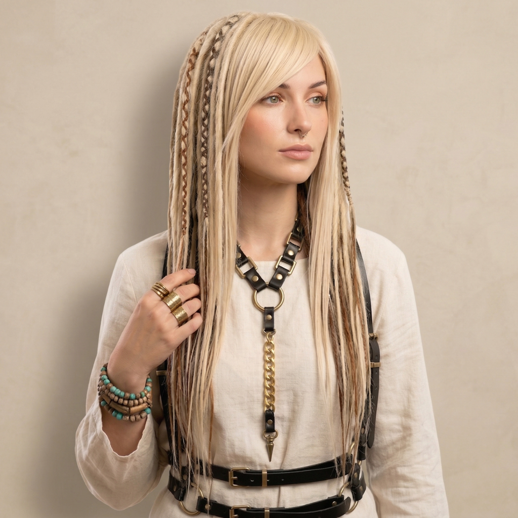 Model is wearing the Mixed blonde and ginger boho dread wig, side bangs with full dreadlocks, layered synthetic wig, lightweight festival hair, Burning Man fashion wig, Viking style faux locs, soft loose ends