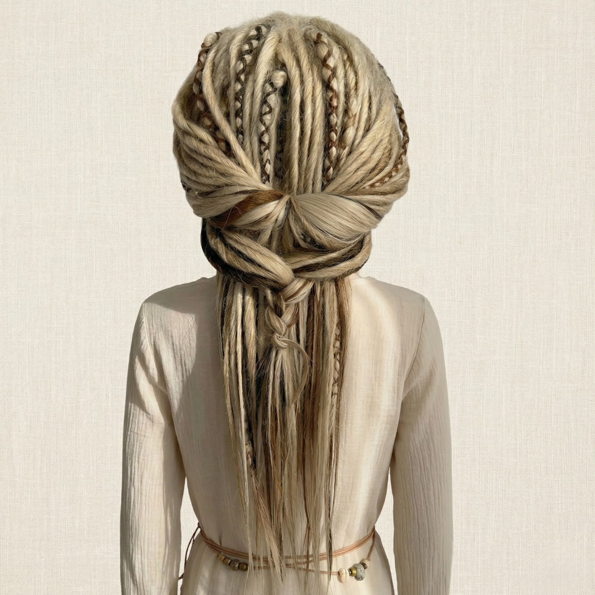 Back view of mixed blonde and ginger highlight dreadlock wig with bangs, handmade synthetic wig, long layered cut, festival cosplay wig, boho hippie hair, Burning Man style, unisex fashion wig, alternative viking tribal hairstyle
