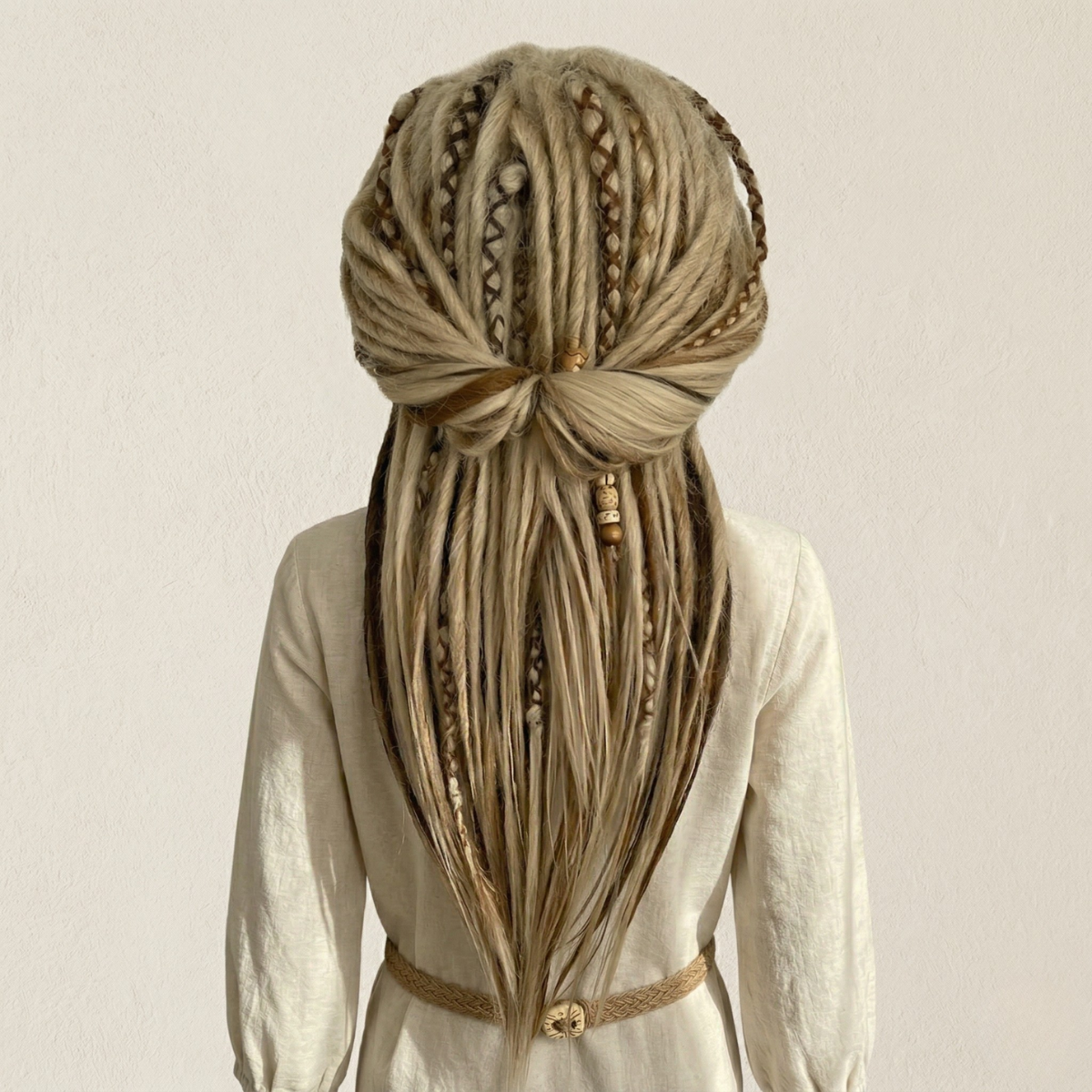 Back view of mixed blonde and ginger highlight dreadlock wig with bangs, handmade synthetic wig, long layered cut, festival cosplay wig, boho hippie hair, Burning Man style, unisex fashion wig, alternative viking tribal hairstyle