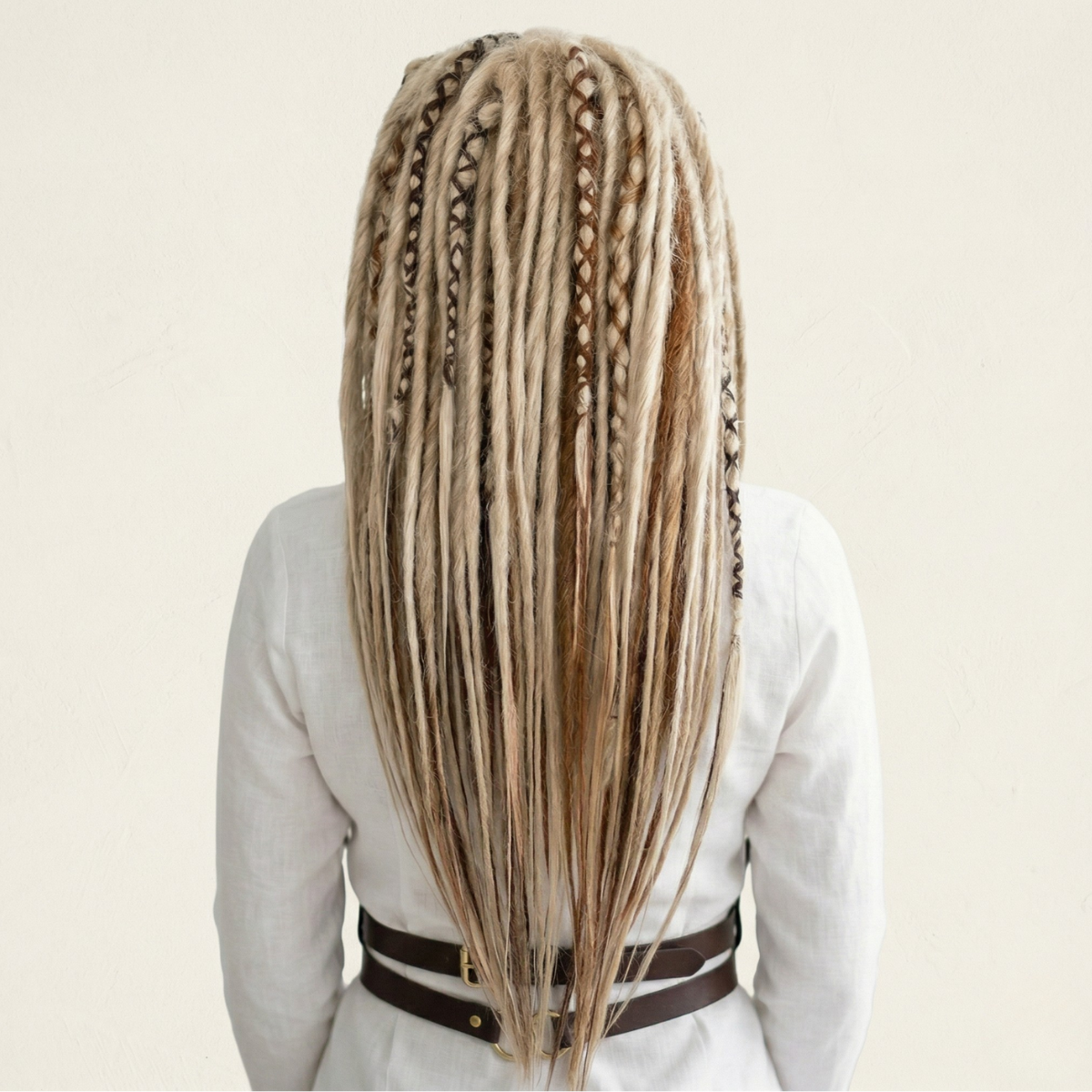 Back view of mixed blonde and ginger highlight dreadlock wig with bangs, handmade synthetic wig, long layered cut, festival cosplay wig, boho hippie hair, Burning Man style, unisex fashion wig, alternative viking tribal hairstyle