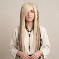 Model is wearing the Mixed blonde and ginger boho dread wig, side bangs with full dreadlocks, layered synthetic wig, lightweight festival hair, Burning Man fashion wig, Viking style faux locs, soft loose ends
