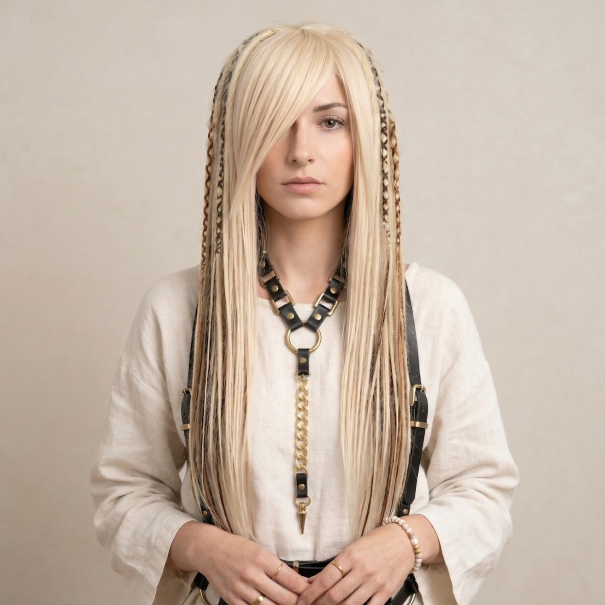 Model is wearing the Mixed blonde and ginger boho dread wig, side bangs with full dreadlocks, layered synthetic wig, lightweight festival hair, Burning Man fashion wig, Viking style faux locs, soft loose ends