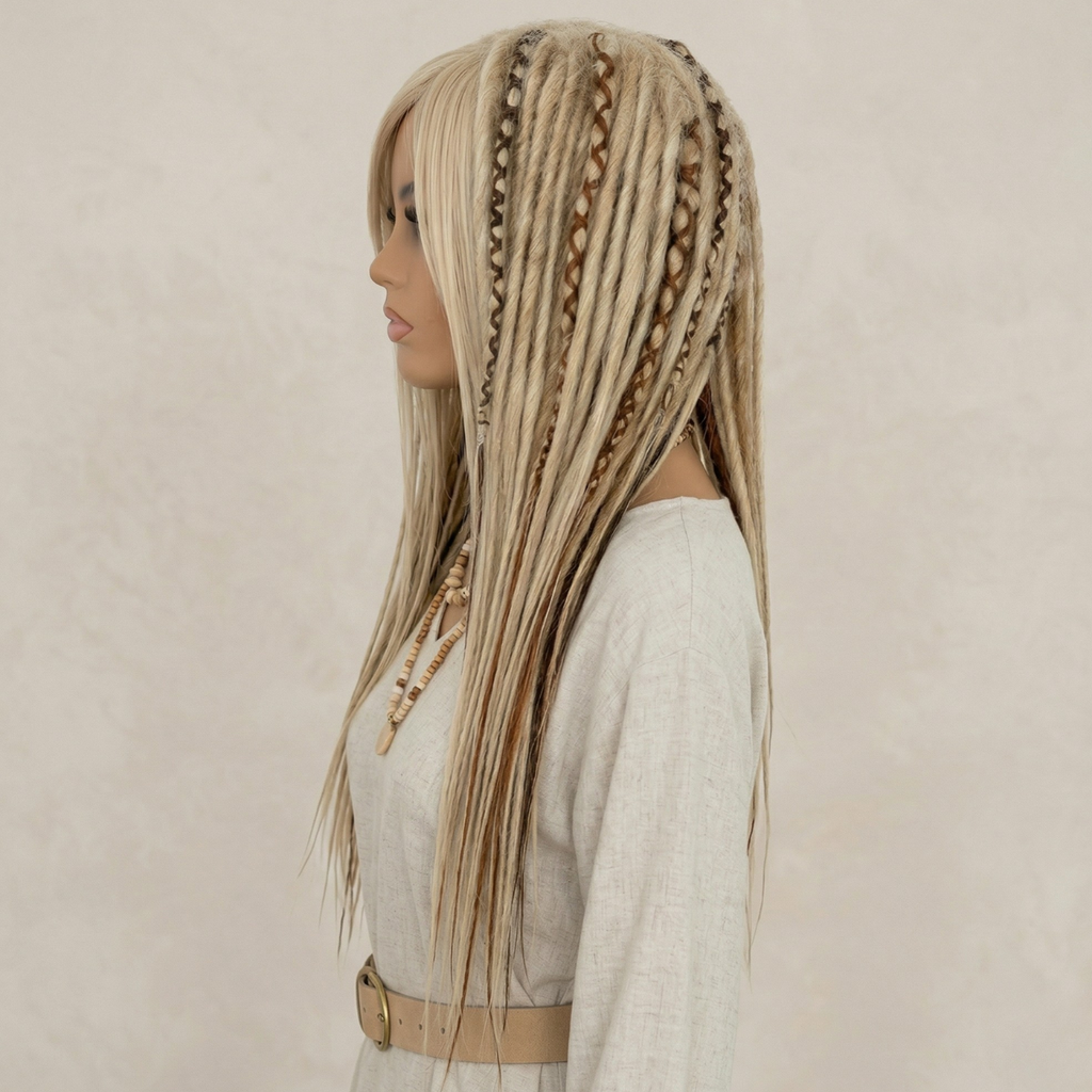 Left side angle of mixed blonde and ginger highlight dreadlock wig with bangs, handmade synthetic wig, long layered cut, festival cosplay wig, boho hippie hair, Burning Man style, unisex fashion wig, alternative viking tribal hairstyle