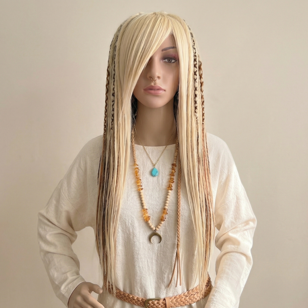Mixed blonde and ginger dreadlock wig with bangs, handmade synthetic wig, long layered cut, festival cosplay wig, boho hippie hair, Burning Man style, unisex fashion wig, alternative hippie hairstyle