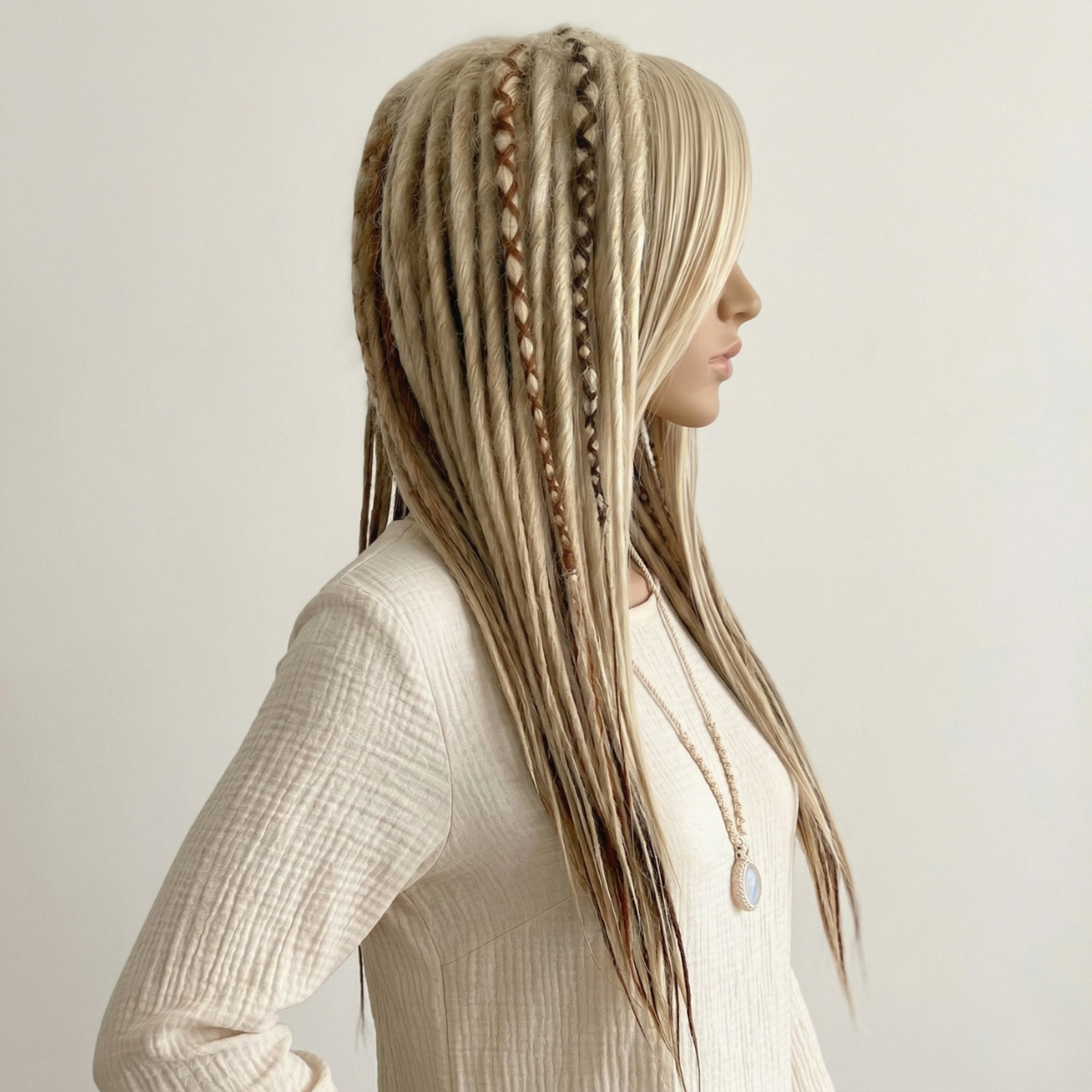 Right side angle of mixed blonde and ginger highlight dreadlock wig with bangs, handmade synthetic wig, long layered cut, festival cosplay wig, boho hippie hair, Burning Man style, unisex fashion wig, alternative viking tribal hairstyle