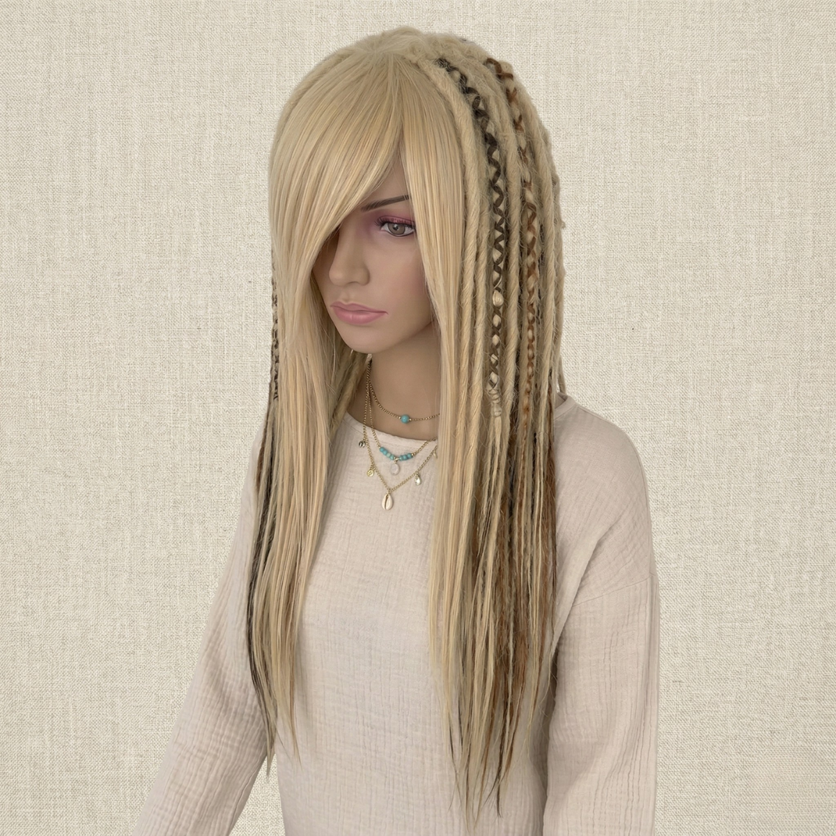 Close-up for mixed blonde and ginger dreadlock wig with bangs, handmade synthetic wig, long layered cut, festival cosplay wig, boho hippie hair, Burning Man style, unisex fashion wig, alternative gothic hairstyle