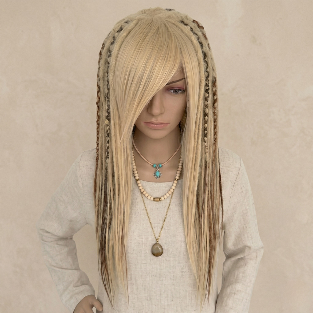 Close-up for mixed blonde and ginger dreadlock wig with bangs, handmade synthetic wig, long layered cut, festival cosplay wig, boho hippie hair, Burning Man style, unisex fashion wig, alternative gothic hairstyle