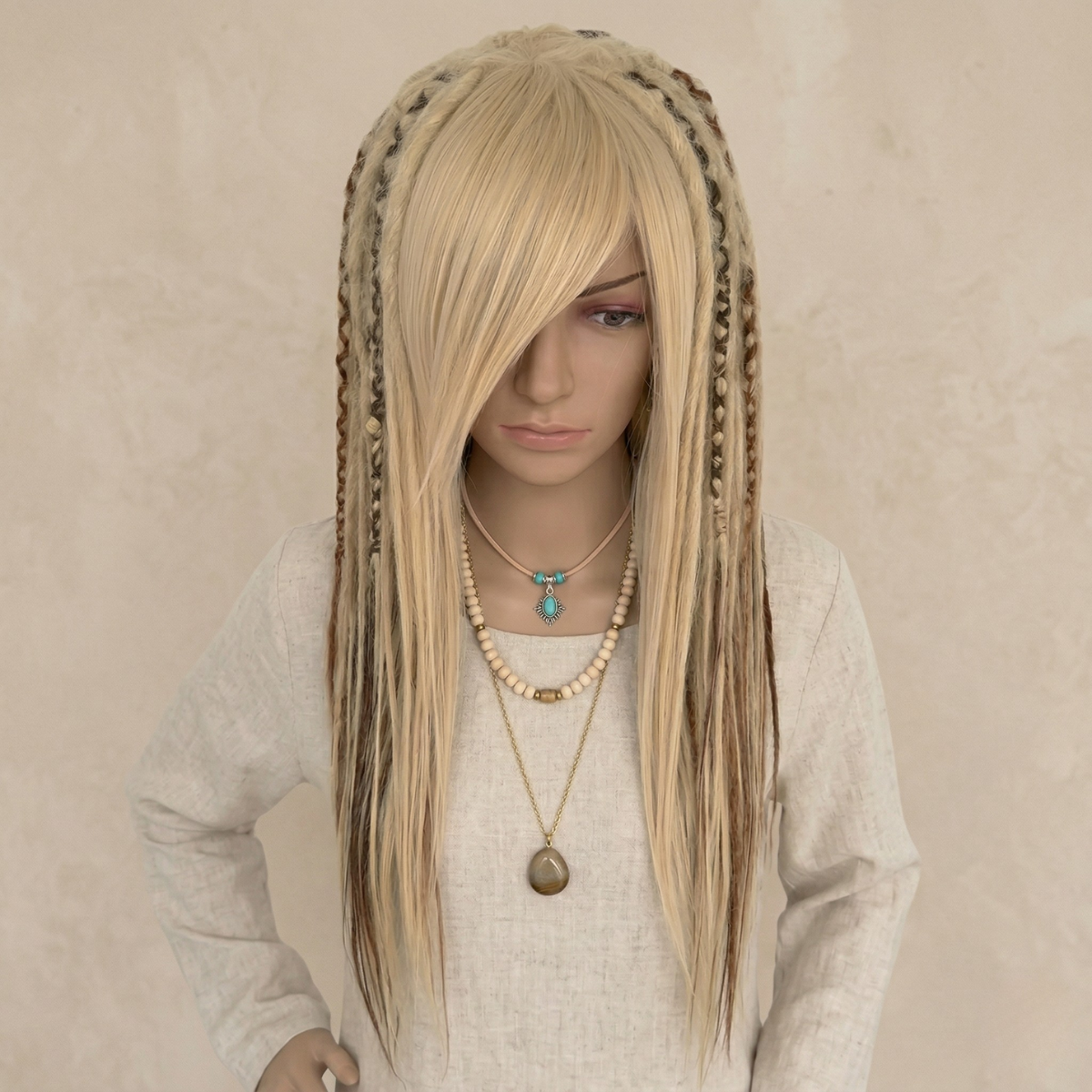 Close-up for mixed blonde and ginger dreadlock wig with bangs, handmade synthetic wig, long layered cut, festival cosplay wig, boho hippie hair, Burning Man style, unisex fashion wig, alternative gothic hairstyle
