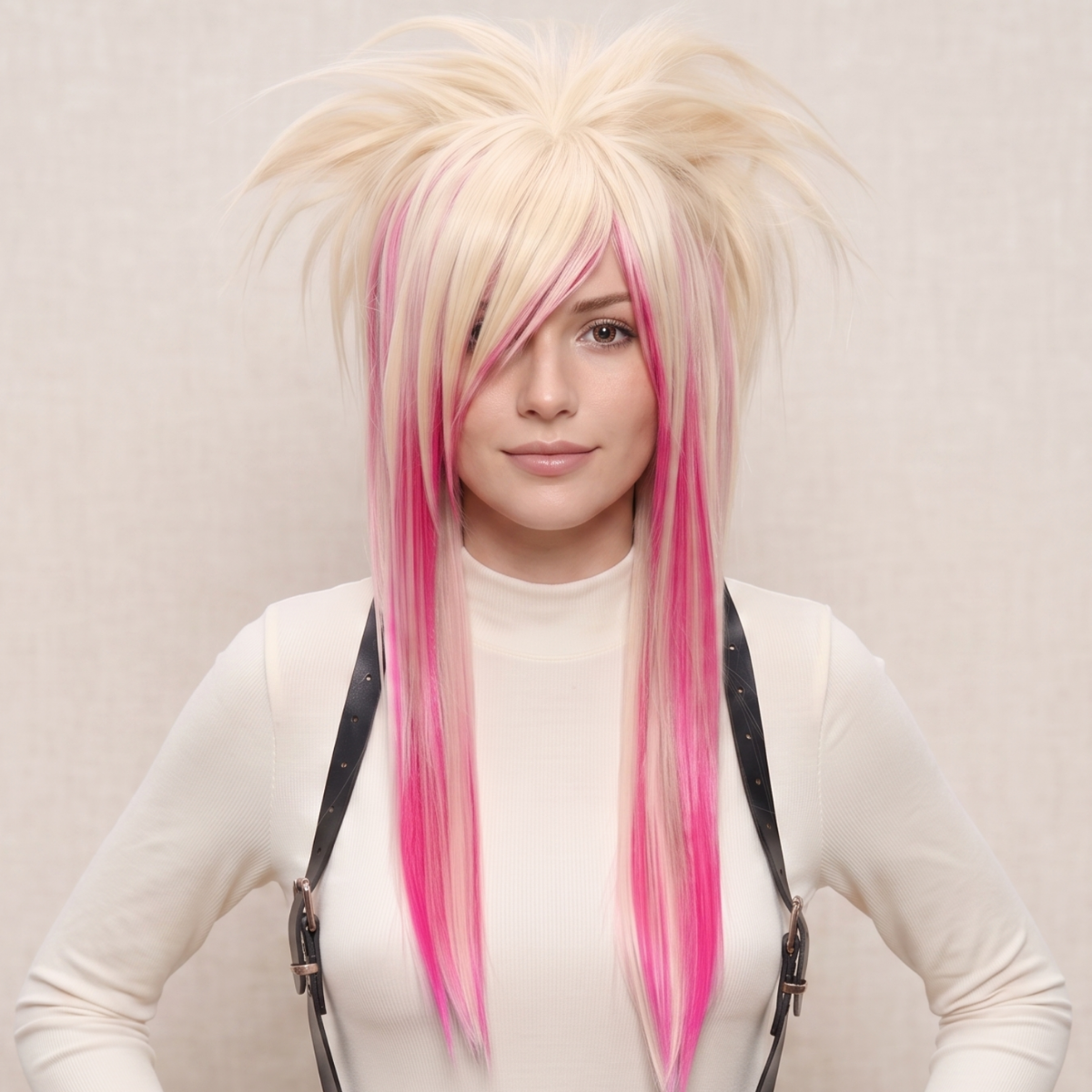 Front view of long platinum blonde and pink emo wig with layered hair and side bangs