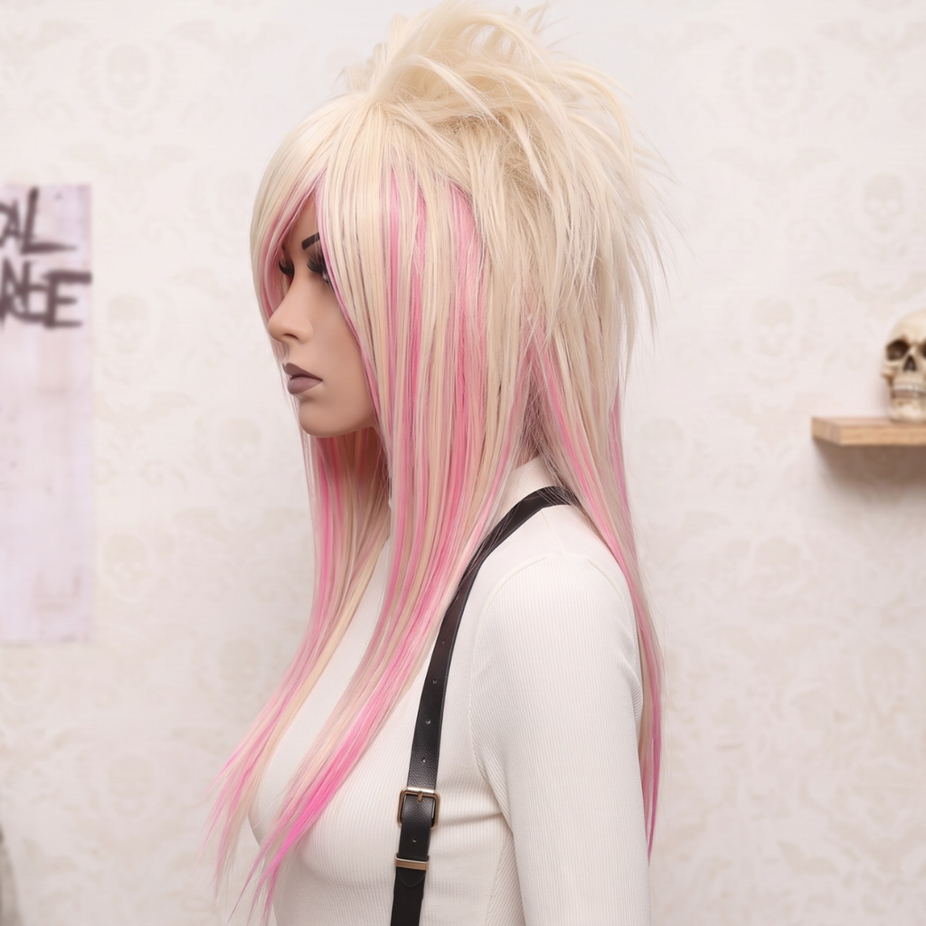 Side profile of long blonde and pink emo wig showing layered lengths and crown volum