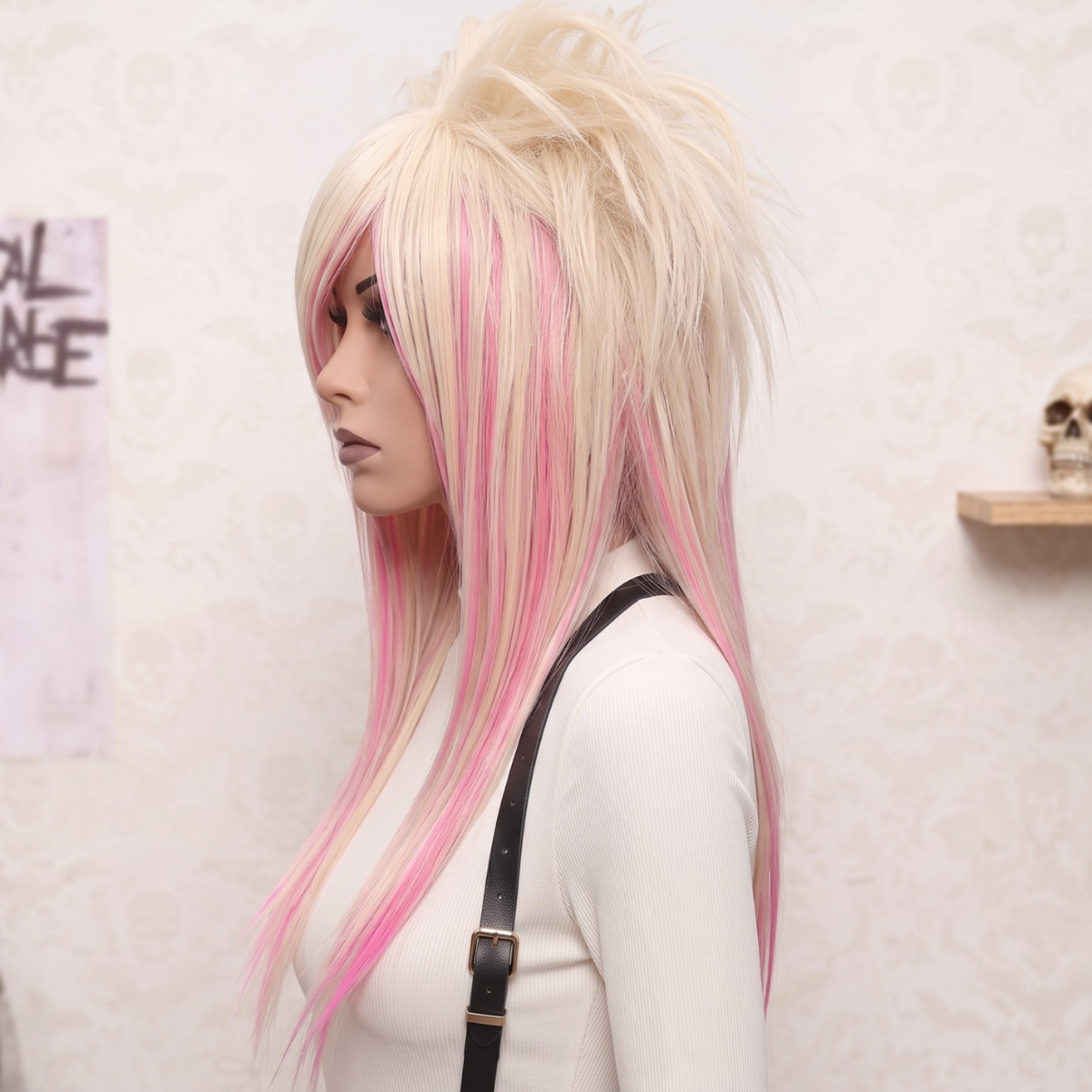 Side profile of long blonde and pink emo wig showing layered lengths and crown volum