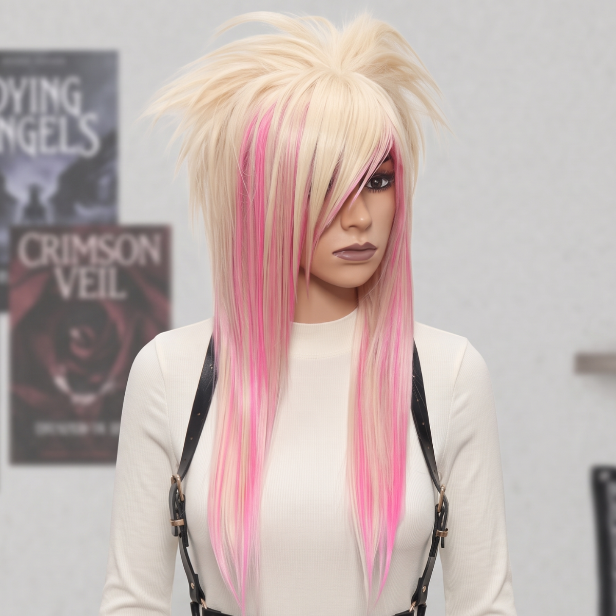 Platinum blonde and pink scene wig with dramatic layered fringe and voluminous teased top