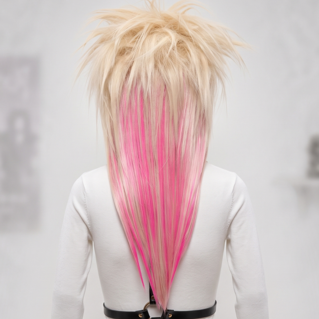 Back view of long blonde and pastel pink scene wig showing layered V-shaped length and teased crown