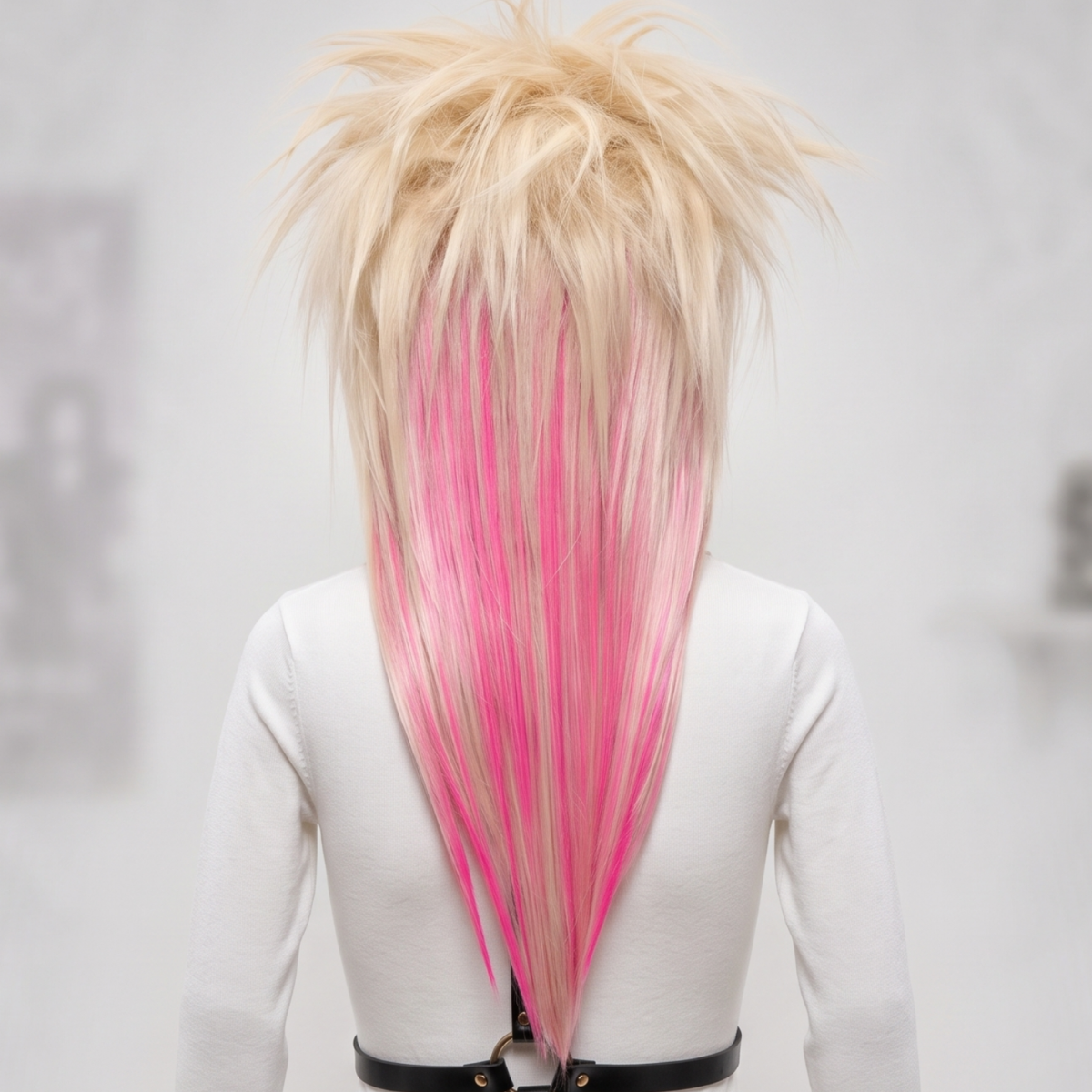 Back view of long blonde and pastel pink scene wig showing layered V-shaped length and teased crown