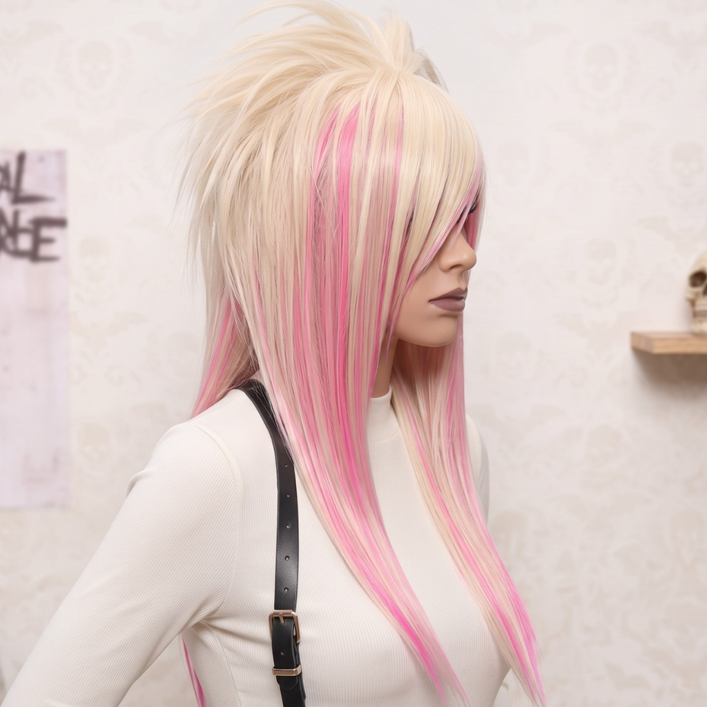Side profile of long blonde and pink emo wig showing layered lengths and crown volume