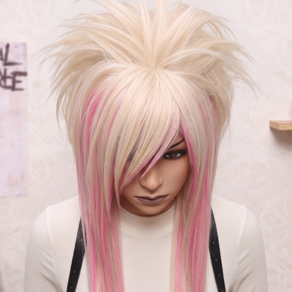 Close-up of teased crown and layered side fringe on blonde and pink scene wig