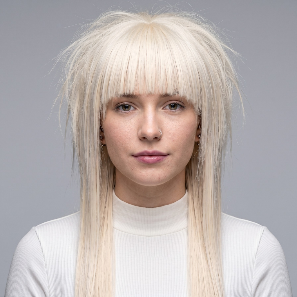 Side view of a blonde straight bangs wig with long layered synthetic hair and face-framing shape.