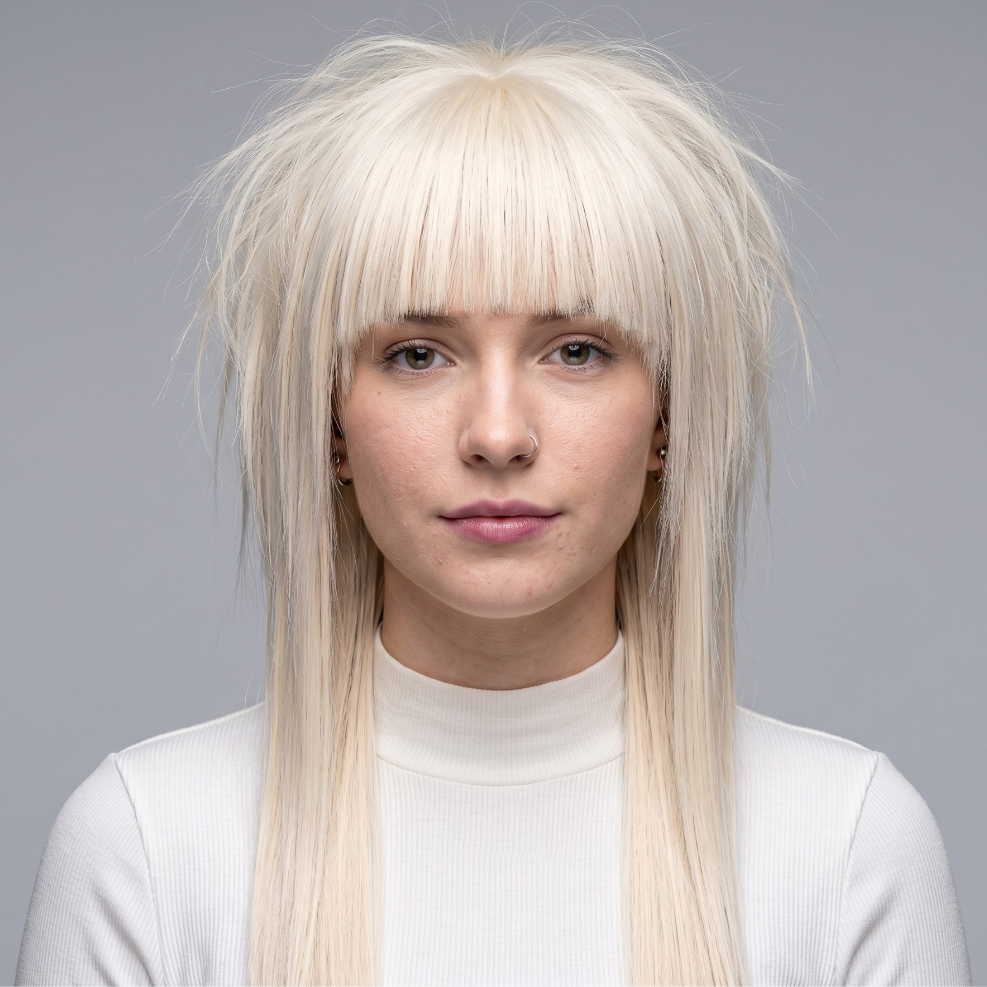 Side view of a blonde straight bangs wig with long layered synthetic hair and face-framing shape.