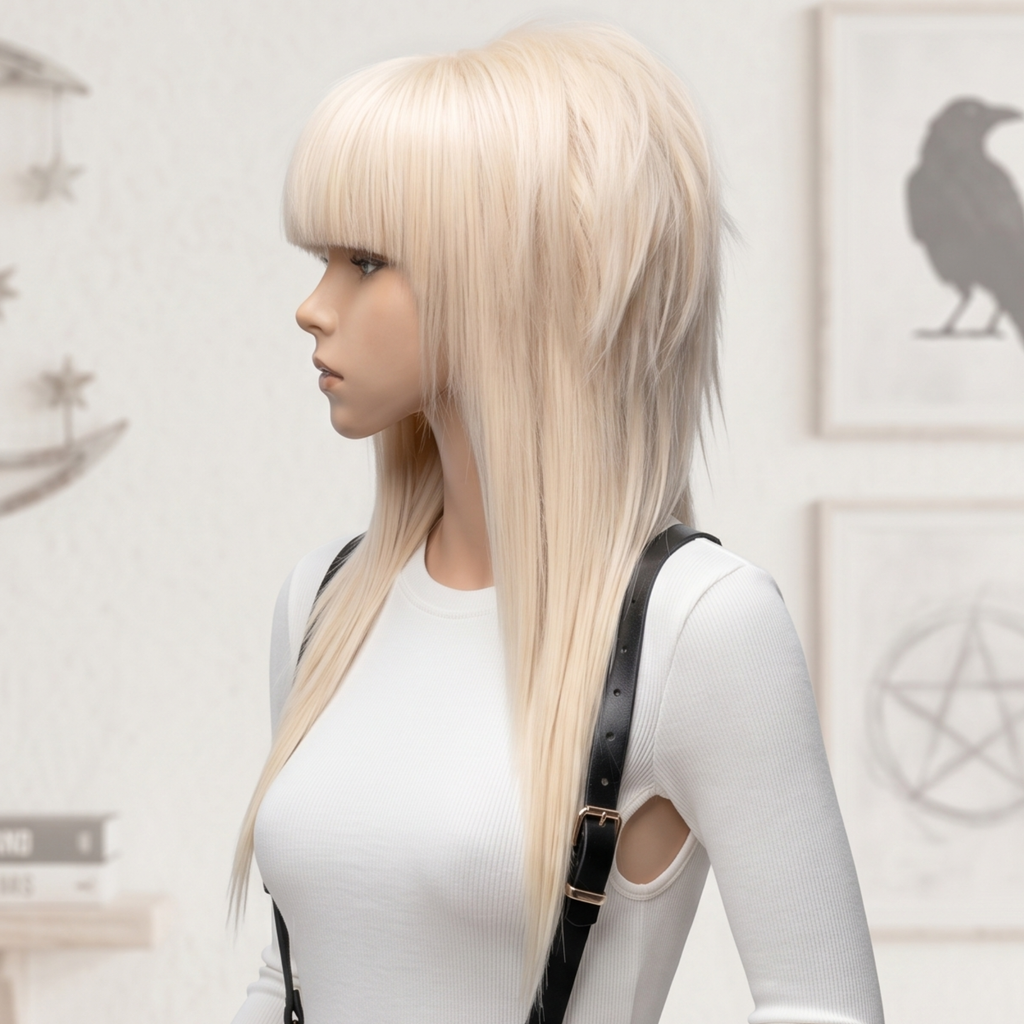 Profile view of a long blonde layered wig with straight bangs and soft alternative styling.