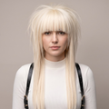 Blonde straight bangs wig with long layered scene style, shown on a model from the front.