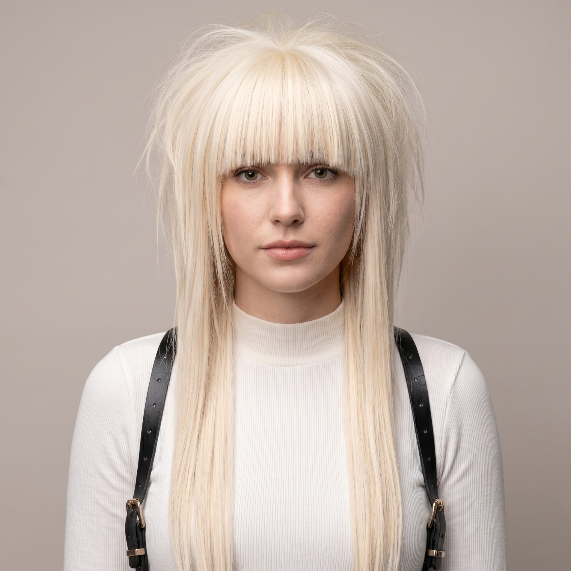 Blonde straight bangs wig with long layered scene style, shown on a model from the front.