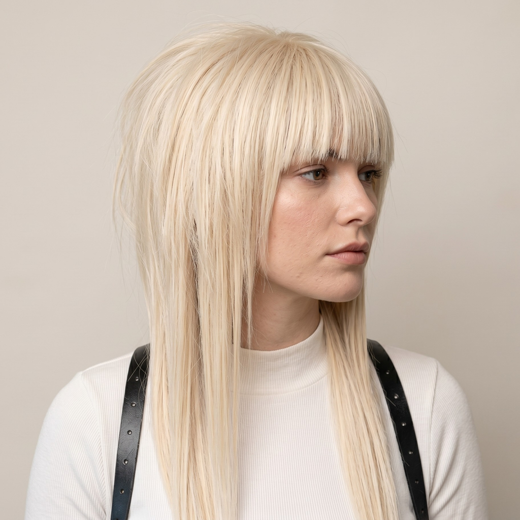 Long blonde alternative wig with straight bangs and layered sides, front view on model.