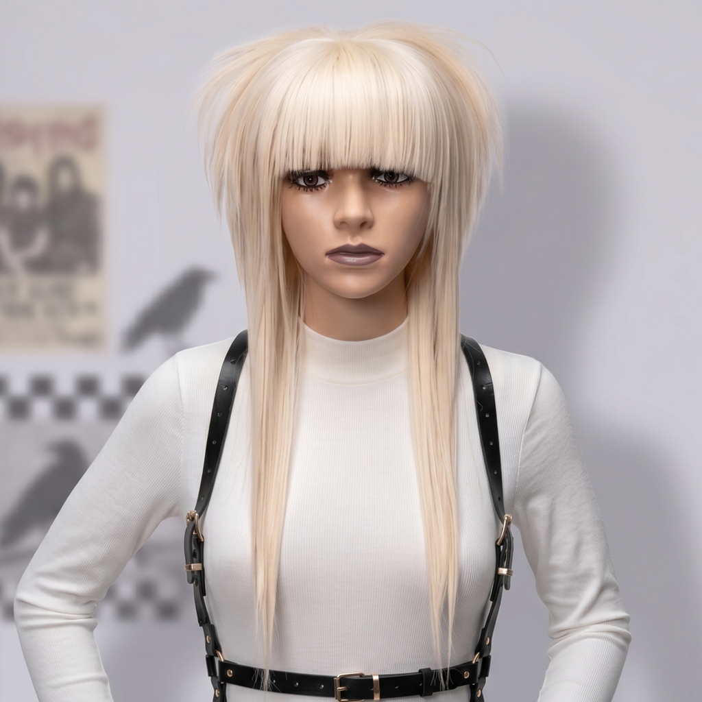 Blonde straight bangs wig displayed on a mannequin, showing the full front shape and long layers.