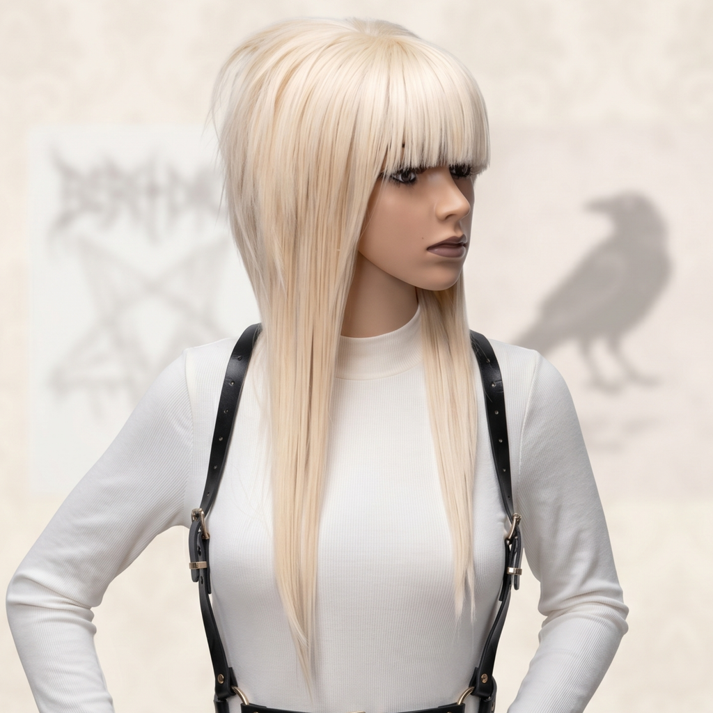 Side angle of a blonde synthetic wig with straight bangs, layered cut and smooth long lengths on a mannequin.