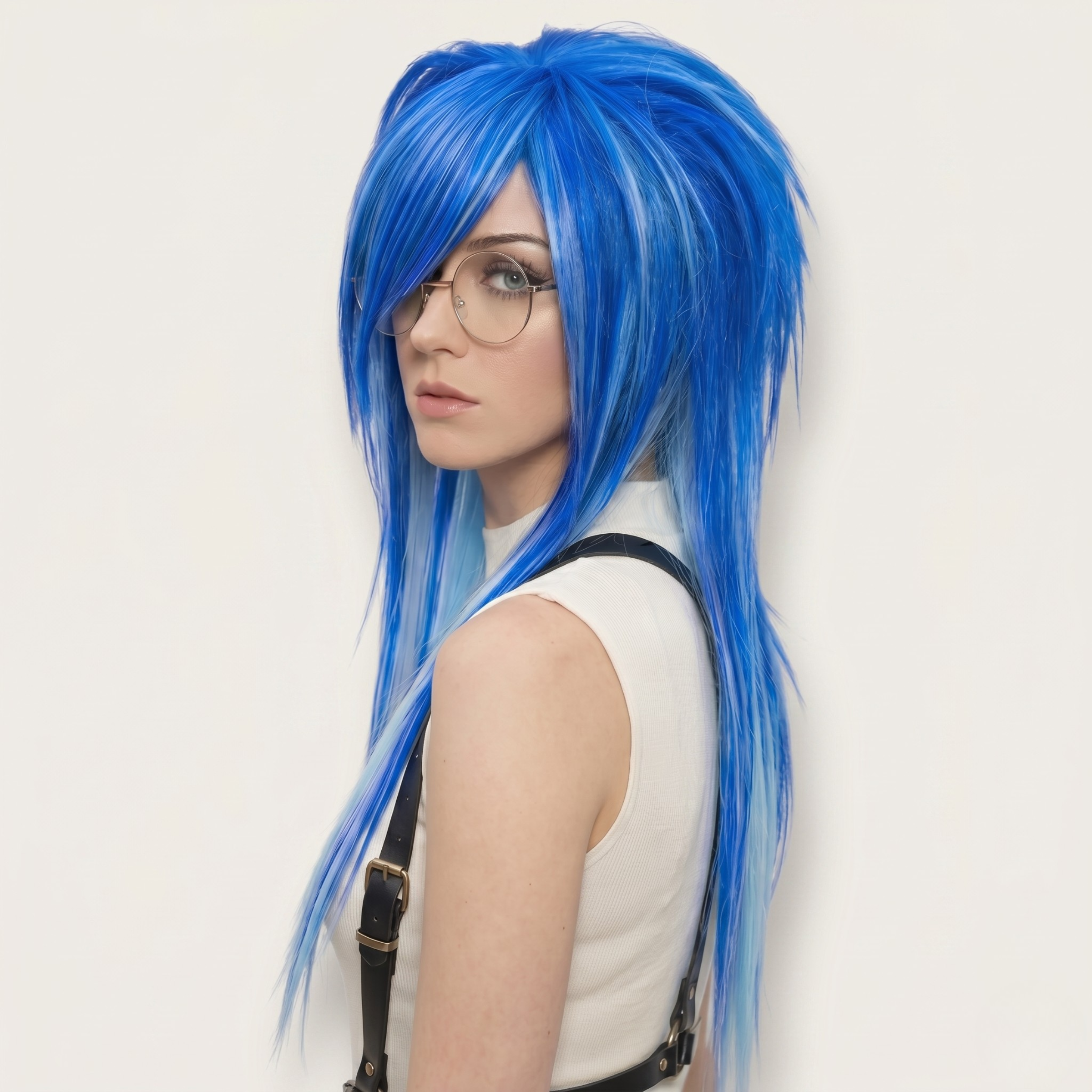 Side / Back View of Model Wearing The Blue Scene Emo Wig with Spiky Layers and Side Bangs – Long Shaggy Alternative Goth Wig, Electric Blue Ombre Style for Cosplay, Drag or Anime Look