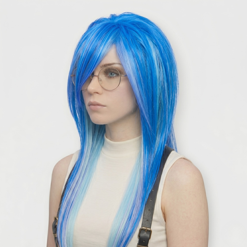 Angled Front View of Model Wearing The Blue Scene Emo Wig with Spiky Layers and Side Bangs – Long Shaggy Alternative Goth Wig, Electric Blue Ombre Style for Cosplay, Drag or Anime Look
