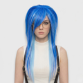 Front View of Model Wearing The Blue Scene Emo Wig with Spiky Layers and Side Bangs – Long Shaggy Alternative Goth Wig, Electric Blue Ombre Style for Cosplay, Drag or Anime Look