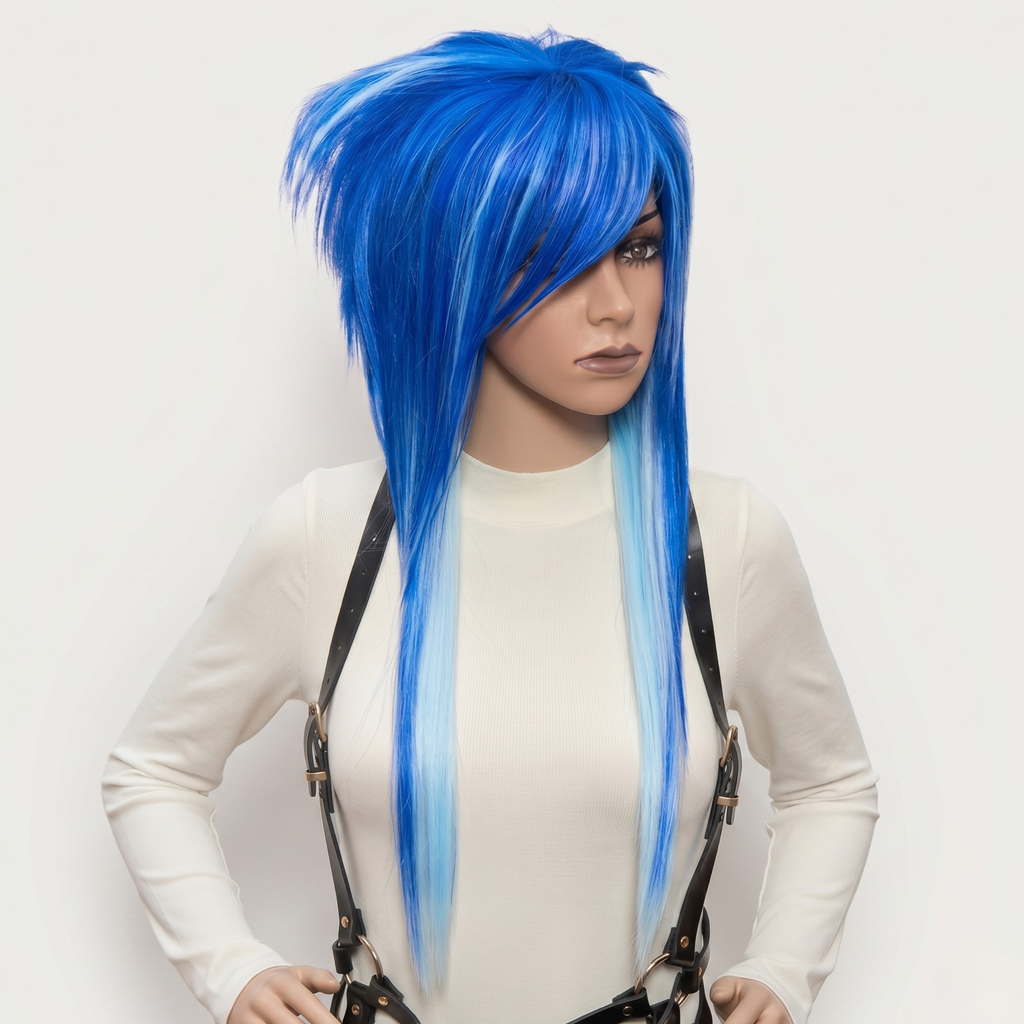 Front angle of Blue Scene Emo Wig with Spiky Layers and Side Bangs – Long Shaggy Alternative Goth Wig, Electric Blue Ombre Style for Cosplay, Drag or Anime Look