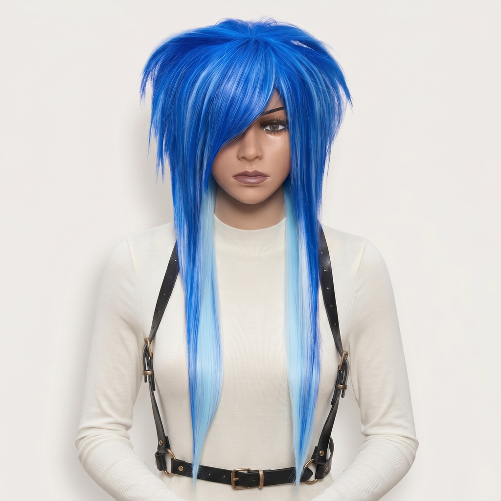 Front view of Blue Scene Emo Wig on Mannequin – Spiky Shag Style with Side Bangs, Colorful Alternative Goth and Anime Wig