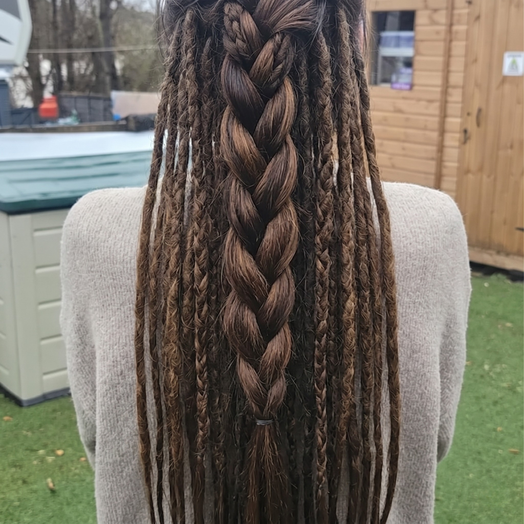 Back view of boho brown dreadlock extensions installed with braided styling, mixed textures and natural loose ends.