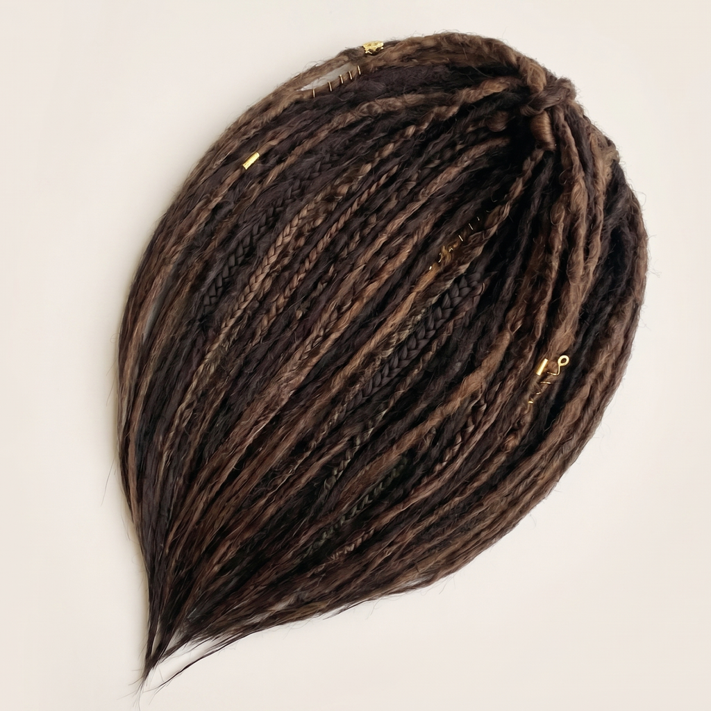 Boho brown synthetic dreadlock extensions with soft crochet texture, braid accents and loose wispy ends on a clean plain background.