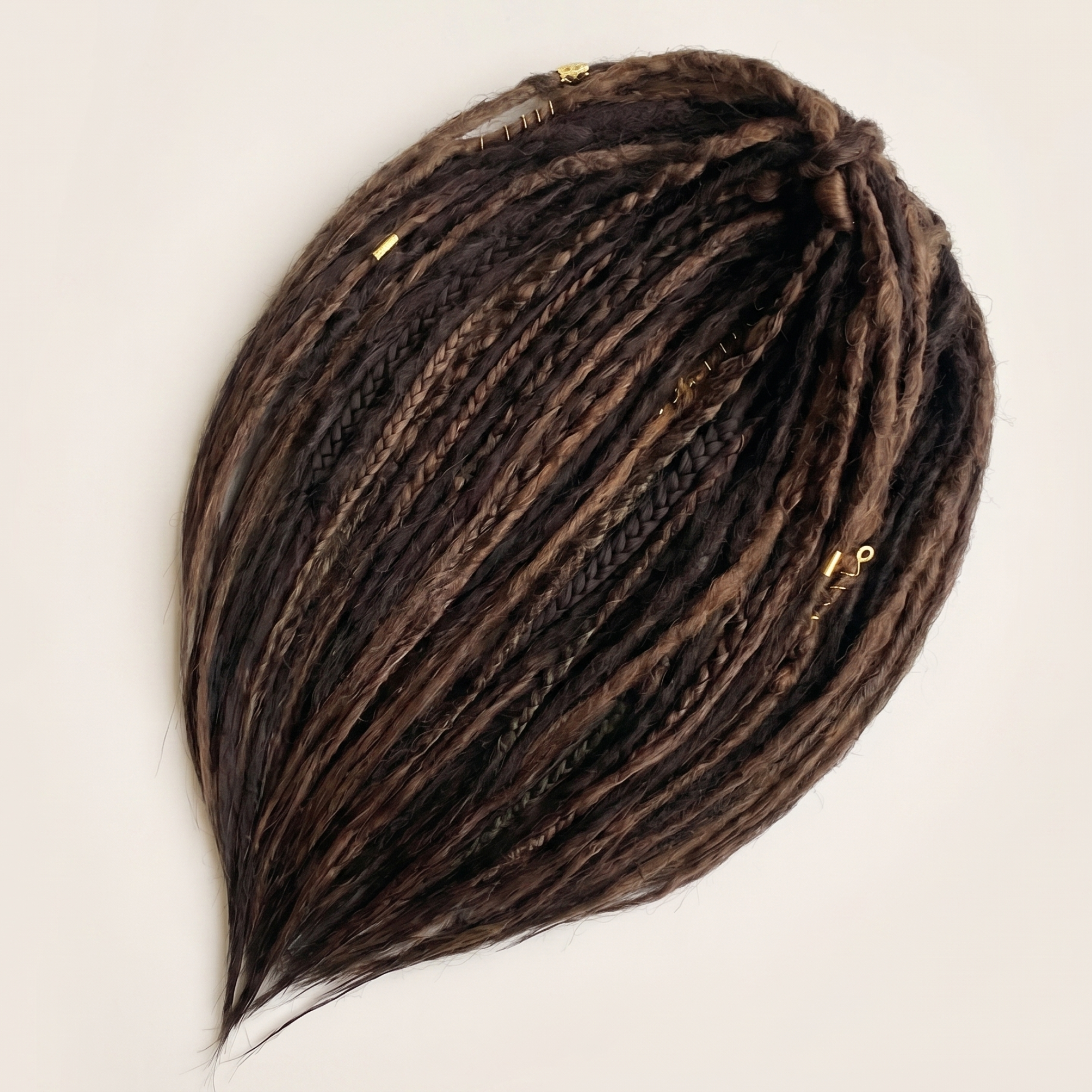 Boho brown synthetic dreadlock extensions with soft crochet texture, braid accents and loose wispy ends on a clean plain background.