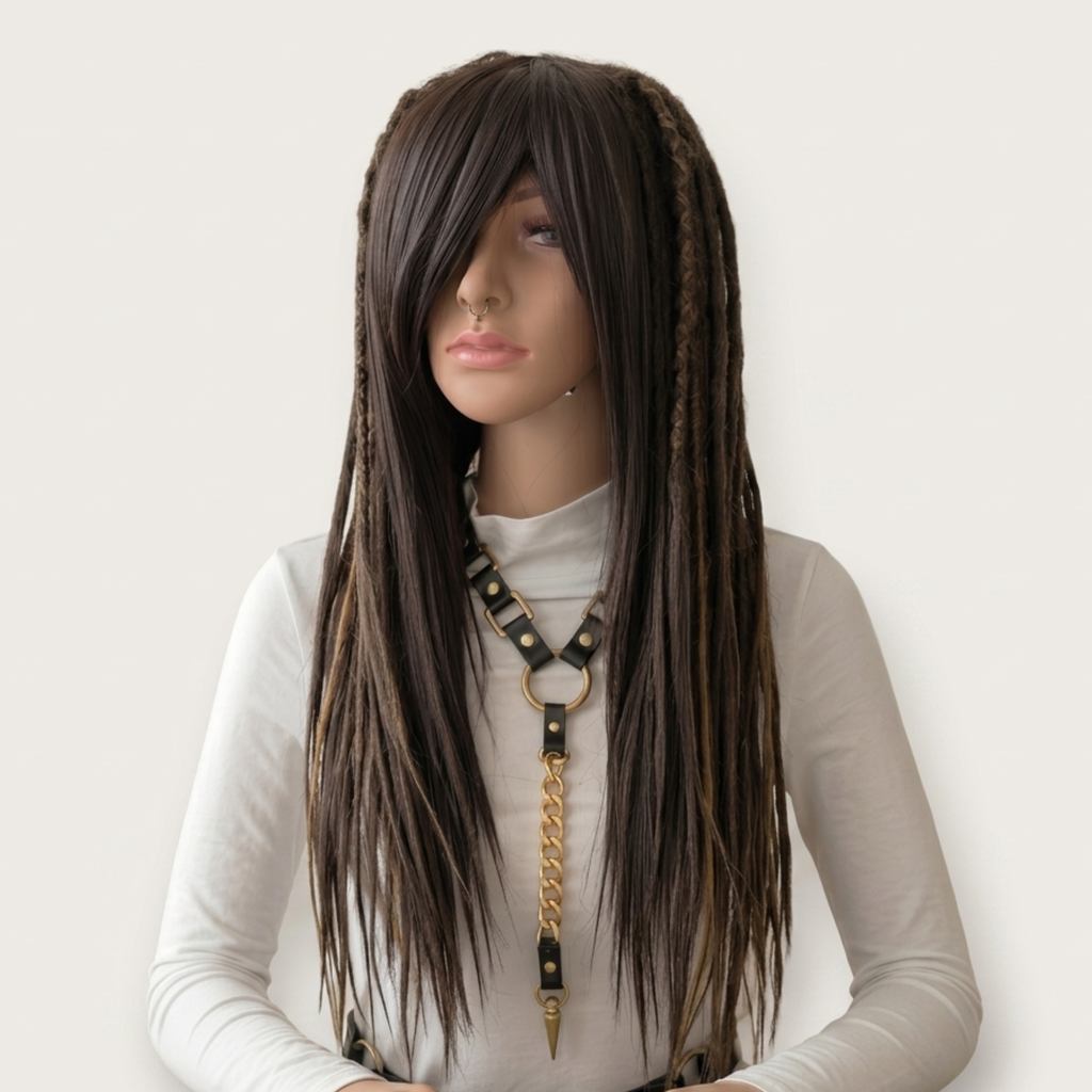 Dark brown with medium brown highlight dreadlock wig with side swiped bangs, handmade synthetic wig, long layered cut, festival cosplay wig, boho hippie hair, Burning Man style, unisex fashion wig, alternative hippie tribal hairstyle