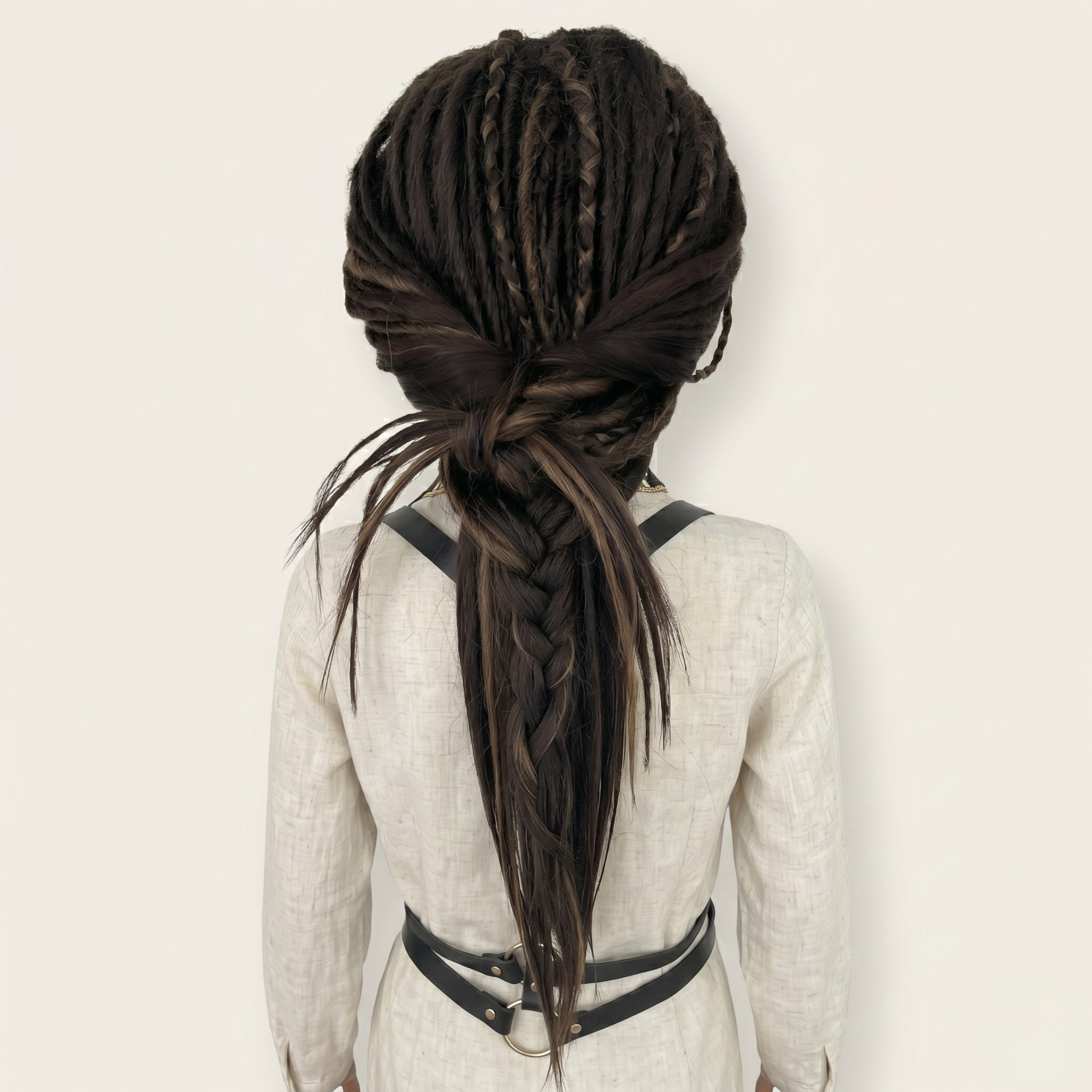 Back view of dark brown and medium brown highlight faux dreadlock wig with size swiped bangs, handmade synthetic wig, long layered cut, festival cosplay wig, boho hippie hair, Burning Man style, unisex fashion wig, alternative viking tribal hairstyle