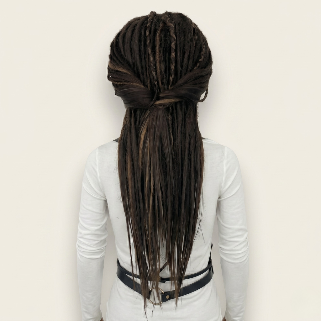 Back view of mixed brown synthetic dreadlock wig with side swiped bangs, handmade synthetic wig, long layered cut, festival cosplay wig, boho hippie hair, Burning Man style, unisex fashion wig, alternative viking tribal hairstyle