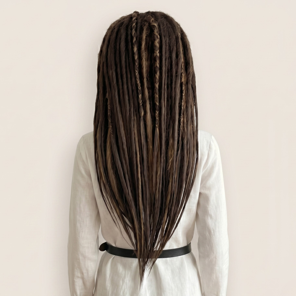 Back view of mixed brown synthetic dreadlock wig with side swiped bangs, handmade synthetic wig, long layered cut, festival cosplay wig, boho hippie hair, Burning Man style, unisex fashion wig, alternative viking tribal hairstyle