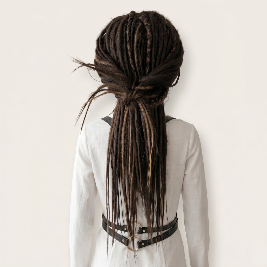 Back view of mixed brown synthetic dreadlock wig with side swiped bangs, handmade synthetic wig, long layered cut, festival cosplay wig, boho hippie hair, Burning Man style, unisex fashion wig, alternative viking tribal hairstyle
