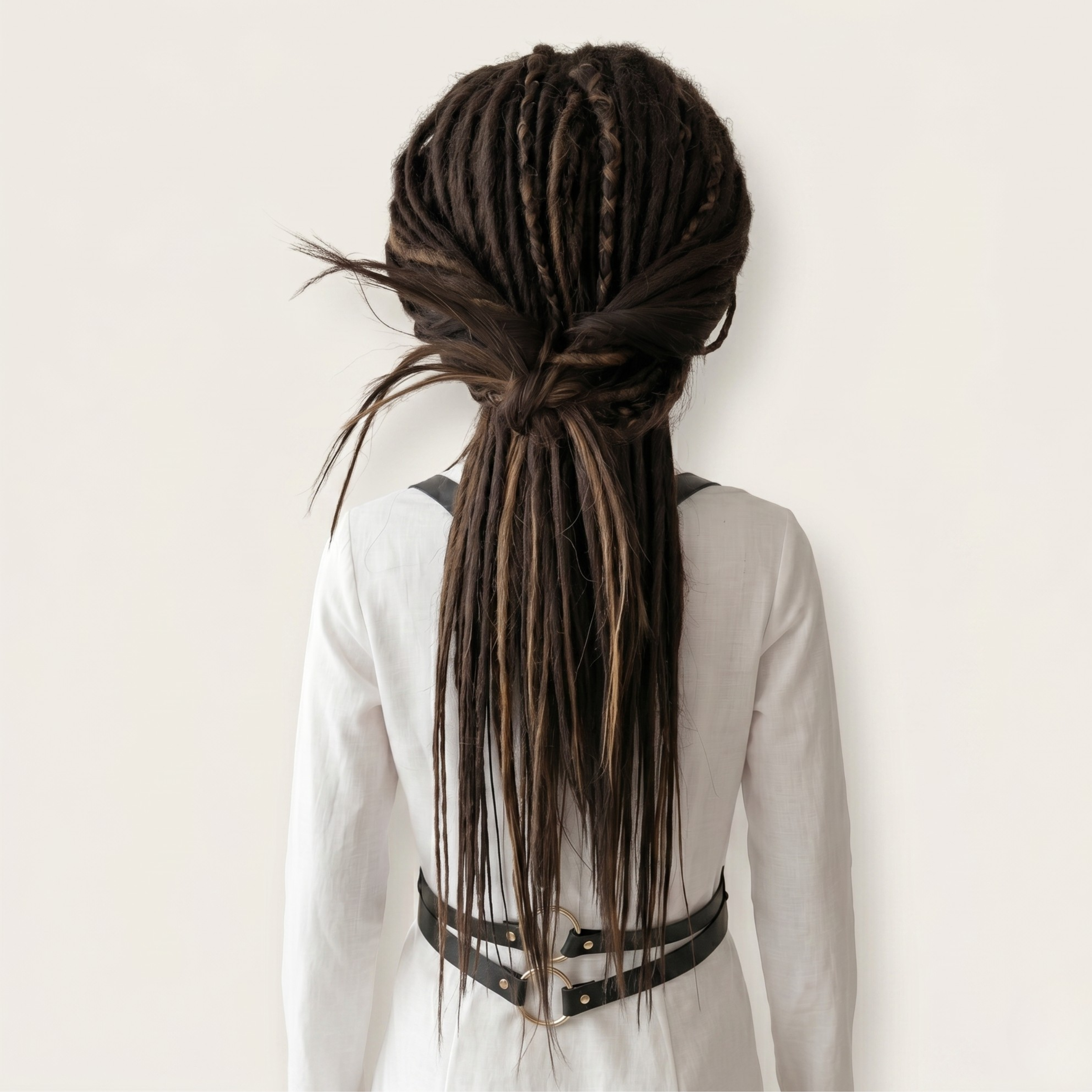 Back view of mixed brown synthetic dreadlock wig with side swiped bangs, handmade synthetic wig, long layered cut, festival cosplay wig, boho hippie hair, Burning Man style, unisex fashion wig, alternative viking tribal hairstyle