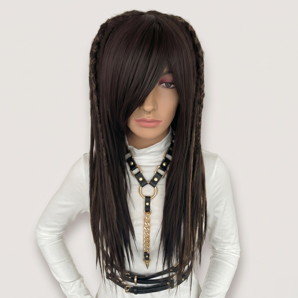 Closed-up for dark brown with medium brown highlight dreadlock wig with side swiped bangs, handmade synthetic wig, long layered cut, festival cosplay wig, boho hippie hair, Burning Man style, unisex fashion wig, alternative hippie tribal hairstyle
