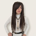 Model is wearing the Mixed brown dreadlocks wig, side bangs with full dreadlocks, layered synthetic wig, lightweight festival hair, Burning Man fashion wig, Viking style faux locs, soft loose ends