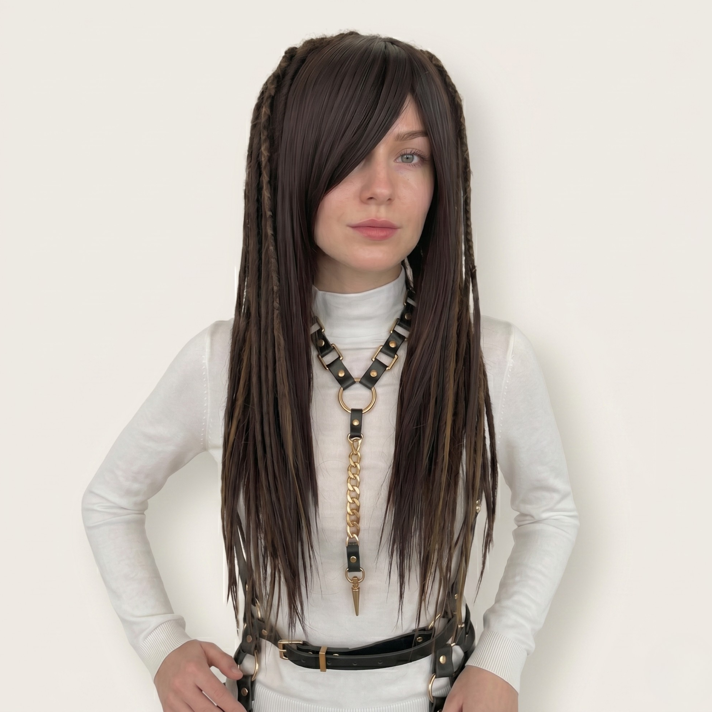 Model is wearing the Mixed brown dreadlocks wig, side bangs with full dreadlocks, layered synthetic wig, lightweight festival hair, Burning Man fashion wig, Viking style faux locs, soft loose ends