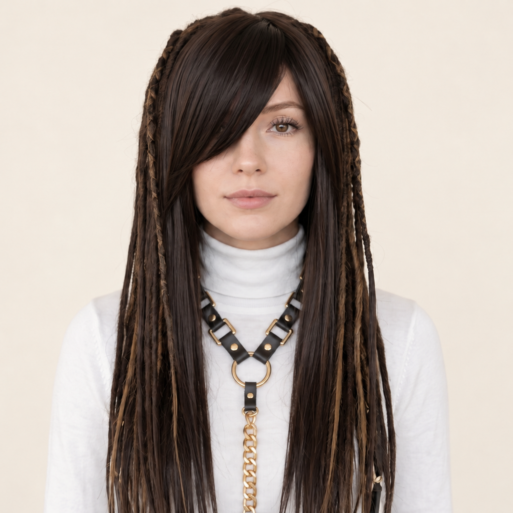 Model is wearing the Mixed brown dreadlocks wig, side bangs with full dreadlocks, layered synthetic wig, lightweight festival hair, Burning Man fashion wig, Viking style faux locs, soft loose ends