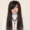 Model is wearing the Mixed brown dreadlocks wig, side bangs with full dreadlocks, layered synthetic wig, lightweight festival hair, Burning Man fashion wig, Viking style faux locs, soft loose ends