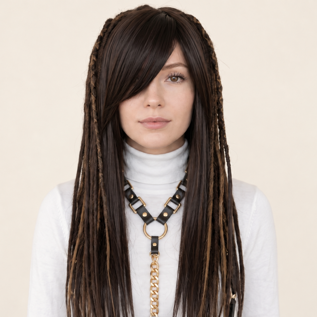 Model is wearing the Mixed brown dreadlocks wig, side bangs with full dreadlocks, layered synthetic wig, lightweight festival hair, Burning Man fashion wig, Viking style faux locs, soft loose ends
