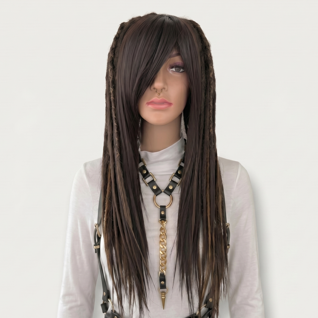 Mixed brown dreadlock wig with side swiped bangs, handmade synthetic wig, long layered cut, festival cosplay wig, boho hippie hair, Burning Man style, unisex fashion wig, alternative hippie hairstyle